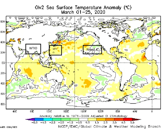Gambar 3. SST dan Anomali Suhu Muka Laut Bulan Maret 2020 