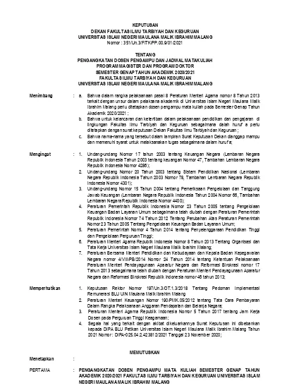 KEPUTUSAN DEKAN FAKULTAS ILMU TARBIYAH DAN KEGURUAN UNIVERSITAS ISLAM ...