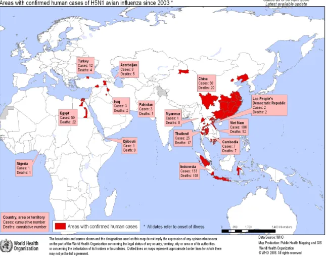 Gambar 1. Penyebaran kasus flu burung yang terkonfirmasi di dunia sejak 2003 sampai dengan 30 April  2008