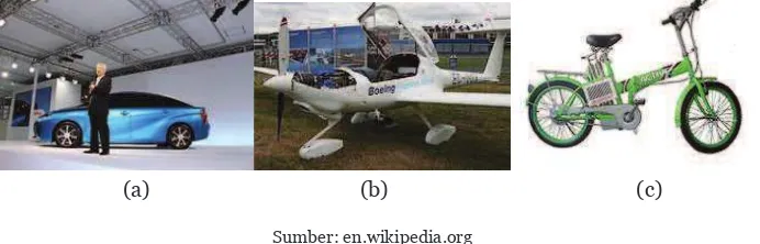Gambar 9.11Sumber: en.wikipedia.org Alat Transportasi Berbahan Bakar Hidrogen, (a) Mobil Hidrogen, (b) Pesawat Hidrogen, (c) Sepeda Hidrogen