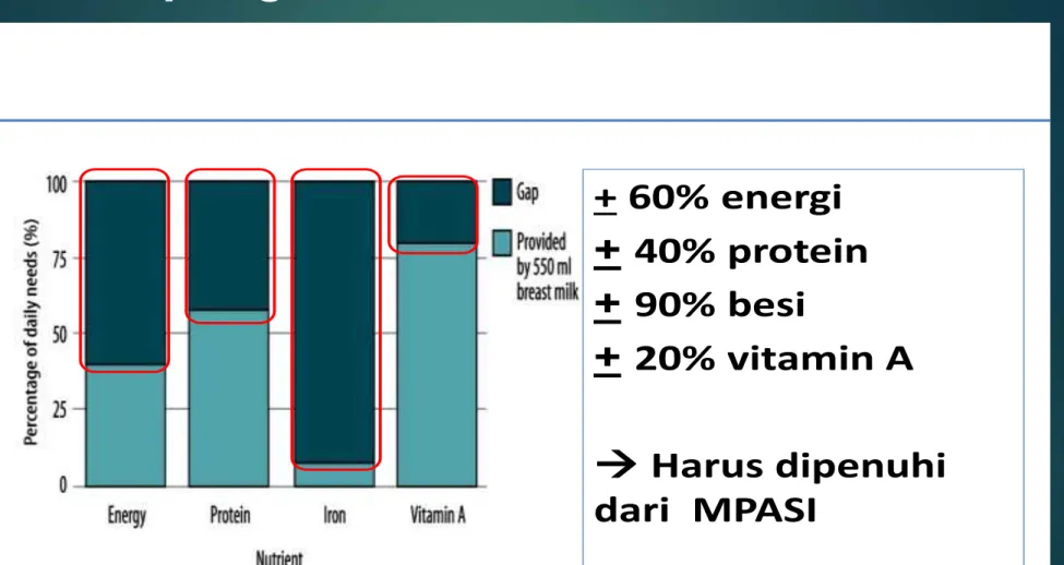 Gambar 3. Nutrient Gaps: energi, protein,  vitamin A dan besi pada anak usia 12-23  bulan yang diberi ASI rata2 550 ml/hari