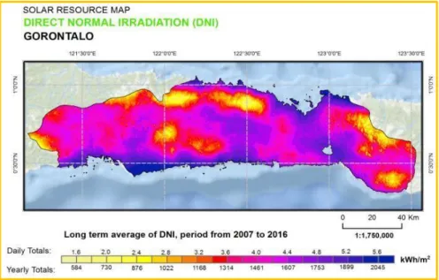 Gambar 4 Rerata Direct Normal Irradiation (DNI) Provinsi Gorontalo periode tahun  2007-2016 (disederhanakan dari DNI Indonesia, Sumber: SolarGIS, 2017) 