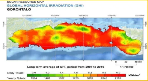 Gambar 5 Rerata Global Horizontal Irradiation (GHI) Provinsi Gorontalo periode  tahun 2007-2016 (disederhanakan dari GHI Indonesia, Sumber: SolarGIS, 2017)  