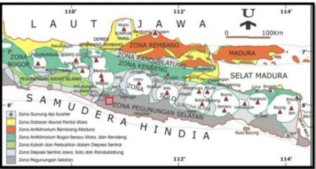 Gambar 1. Fisiografi Jawa Tengah-Jawa Timur (Van Bemmelen, 1949 dalam Hartono, 2010). Kotak merah  lokasi penelitian 