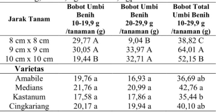 Tabel 6. Pengaruh jarak tanam dan varietas terhadap  jumlah umbi kentangberukuran &lt;10 g dan &gt;30 g  per tanaman 