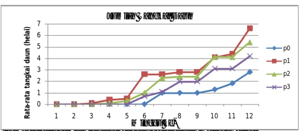 Gambar 2.  Grafik jumlah tangkai daun (helai) untuk masing- masing  perlakuan umur 1 – 12 minggu setelah tanam