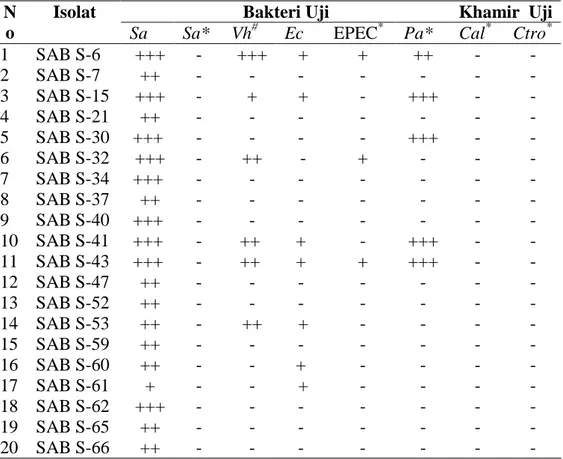 Tabel 2. Aktivitas antibakteri dan antikhamir isolat-isolat bakteri permukaan asal spons Jaspis sp.