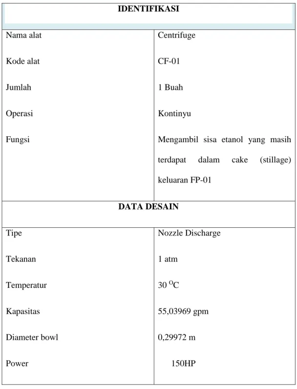 Tabel 3.10 Spesifikasi Centrifuge  IDENTIFIKASI  Nama alat  Kode alat  Jumlah  Operasi  Fungsi  Centrifuge CF-01 1 Buah Kontinyu 