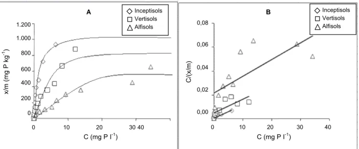 Gambar 3.  Kurva jerapan P (A) dan hubungan antara C dengan C/(x/m) (B) pada tanah Inceptisol,  Vertisol, dan Alfisol 