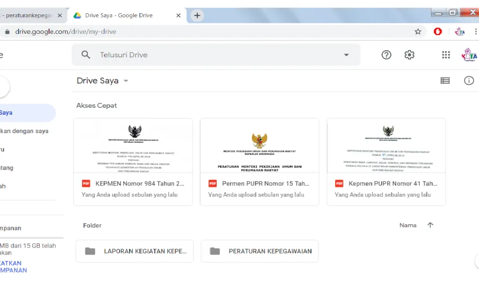 Gambar L2.1 Dokumentasi Peraturan Kepegawaian dan Laporan Kepegawaian dalam bentuk Online Google Drive 