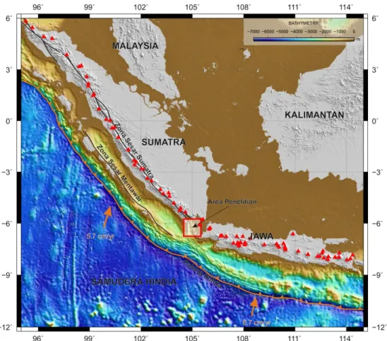 Gambar 1. Simplifikasi peta tektonik Indonesia bagian barat. Sesar Sumatra berdasarkan (Sieh and Natawidjaja,  (2000), Sesar Mentawai berdasarkan (Mukti et al., (2012)