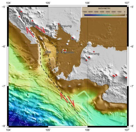 Gambar 4. Sesar geser menganan Sumatra menerus ke tenggara menuju ke arah palung. Cekungan Semangko  terbentuk sebagai pull-apart basin, dan tinggian di tengah graben merupakan penerusan dari bagian utama 