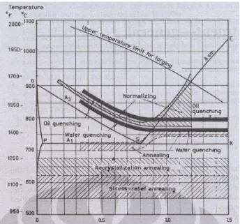 Gambar 2.5 Diagram kesetimbangan Fe 3 C dan temperatur proses perlakuan  panas.[5] 