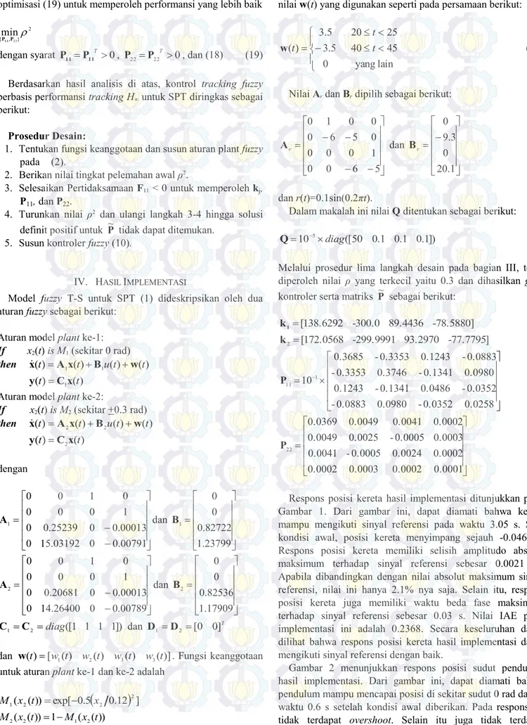 Gambar  2  menunjukkan  respons  posisi  sudut  pendulum  hasil  implementasi.  Dari  gambar  ini,  dapat  diamati  bahwa  pendulum mampu mencapai posisi di sekitar sudut 0 rad dalam  waktu  0.6  s  setelah  kondisi  awal  diberikan