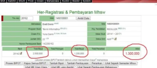 Gambar  3.  dan  4.  dibawah  ini  menjelaskan  data  keuangan  mahasiswa  dalam  sistem  keuangan  dan  database  keuangan  Universitas  Muhammadiyah  Bengkulu  sebelum  melakukan  pembayaran