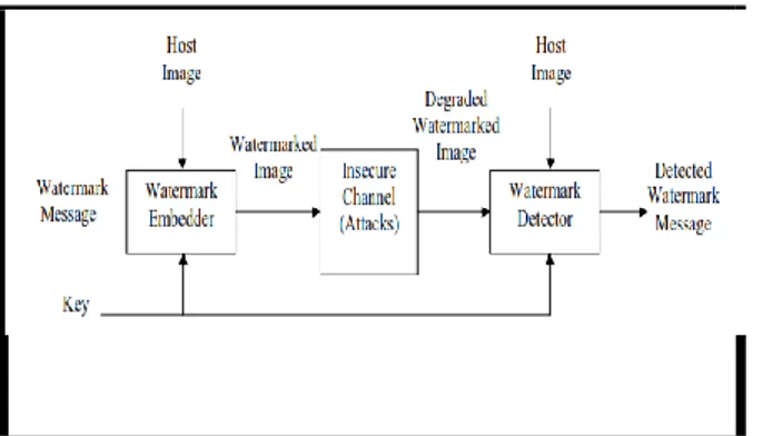 Gambar 2.1 Proses penyisipan (embedder)  dan ekstraksi (detector) watermark 