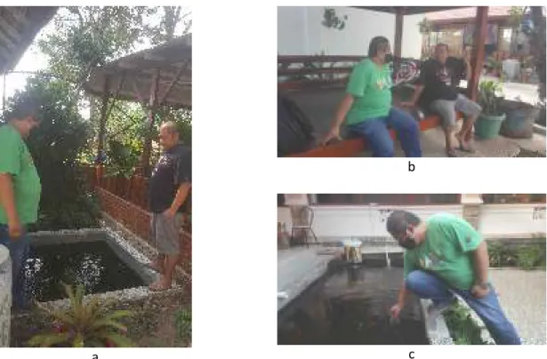 Gambar 2.   Survei lokasi abdimas (a,b) diskusi dengan mitra (c) pengambilan sampel air 
