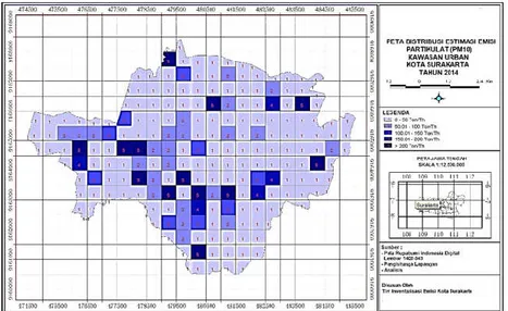 Gambar 5. Distribusi spasial emisi PM 10  dari setiap kategori sumber di Kota Surakarta  Berdasarkan  tampilan  spasial  tersebut,  grid 