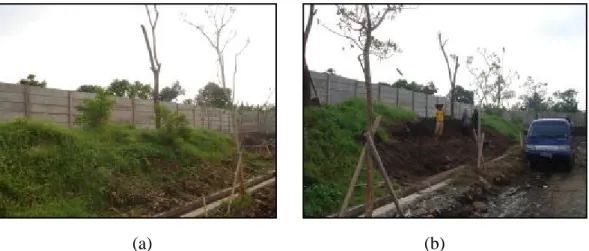 Gambar 8. Kondisi existing taman sudut bagian depan cluster (a) dan pekerjaan  pembersihan lahan pada taman sudut (b) 