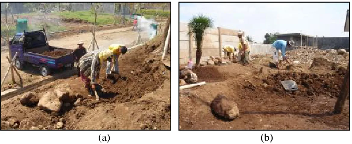 Gambar 9. Proses cut and fill taman sudut (a) dan pemadatan tanah (b) 