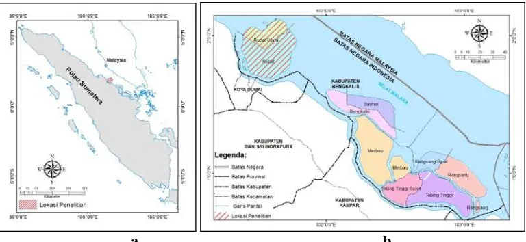 Gambar 1. Peta: (a) Situasi dan (b) Kawasan, wilayah penelitian Pulau Rupat 