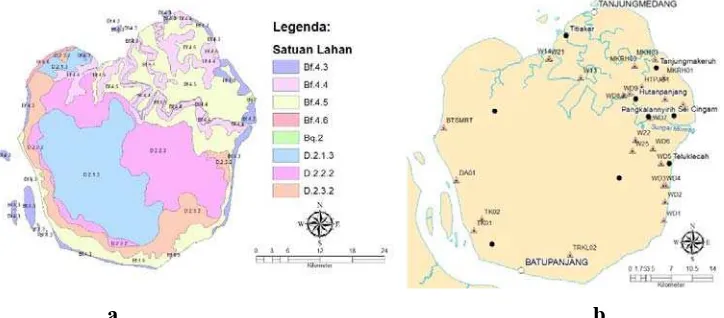 Gambar 2. Peta: (a) Satuan Tanah dan Lahan, dan (b) Sampling Tanah, Pulau Rupat 