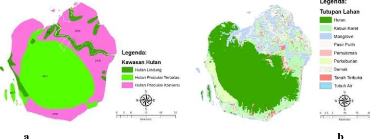 Gambar 3. Peta: (a) kawasan hutan, dan (b) tutupan lahan, Pulau Rupat  