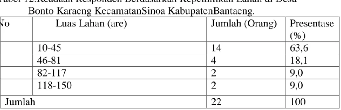 Tabel 12.Keadaan Responden Berdasarkan Kepemilikan Lahan di Desa   Bonto Karaeng KecamatanSinoa KabupatenBantaeng