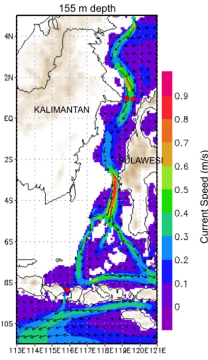 Gambar	1.	Kecepatan	arus	di	Selat	Makassar	dan	Lombok	pada	kedalaman	155	meter	berdasarkan	hasil	model	 	 numerik	oseanografi.	Lingkaran	merah	menunjukkan	lokasi	subsurface	mooring	yang	dipasang	P3SDLP	pada	 tahun	2015	dan	akan	di-recovery	dalam	ekspedisi	
