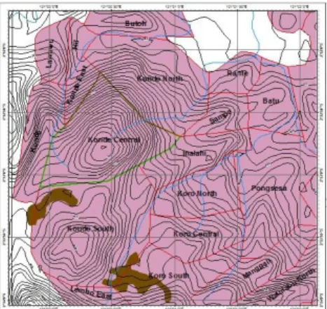 Gambar  12  :  Foto  Kenampakan  profil  laterit  singkapan  di  area  penambangan  daerah  Konde  yang  memperlihatkan  profil  laterit,  dari  overburden  (tanah  penutup)  berwarna  merah  gelap  (OB),  limonite   (X) ,    saprolit  ( Y)  dan BedRock (Z