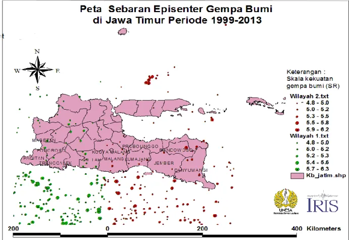 Gambar 2. Peta sebaran episenter gempa bumi Jawa Timur periode 1999-201 