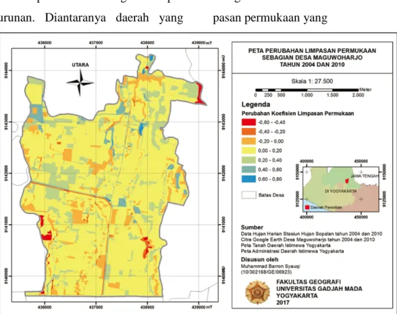 Gambar 4. Peta Perubahan Koefisien Limpasan Permukaan Sebagian Desa  Maguwoharjo Tahun 2004 – 2010