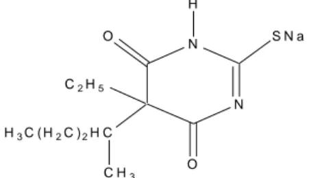 Gambar 3.  Struktur kimia Natrium Tiopental (Natrium 5-etil-5-   (1metilbutil)-2-tiobarbiturat) (Anonim, 1979) 