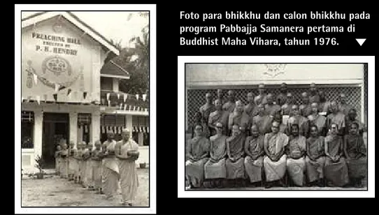 Foto para bhikkhu dan calon bhikkhu pada  program Pabbajja Samanera pertama di  Buddhist Maha Vihara, tahun 1976.