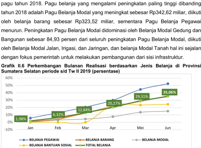 Grafik  II.6  Perkembangan  Bulanan  Realisasi  berdasarkan  Jenis  Belanja  di  Provinsi  Sumatera Selatan periode s/d Tw II 2019 (persentase) 