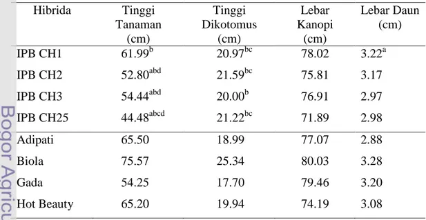 Tabel 4.    Nilai  Rataan  Tinggi  Tanaman,  Tinggi  Dikotomus,  dan  Lebar  Kanopi Cabai Hibrida yang Diuji  