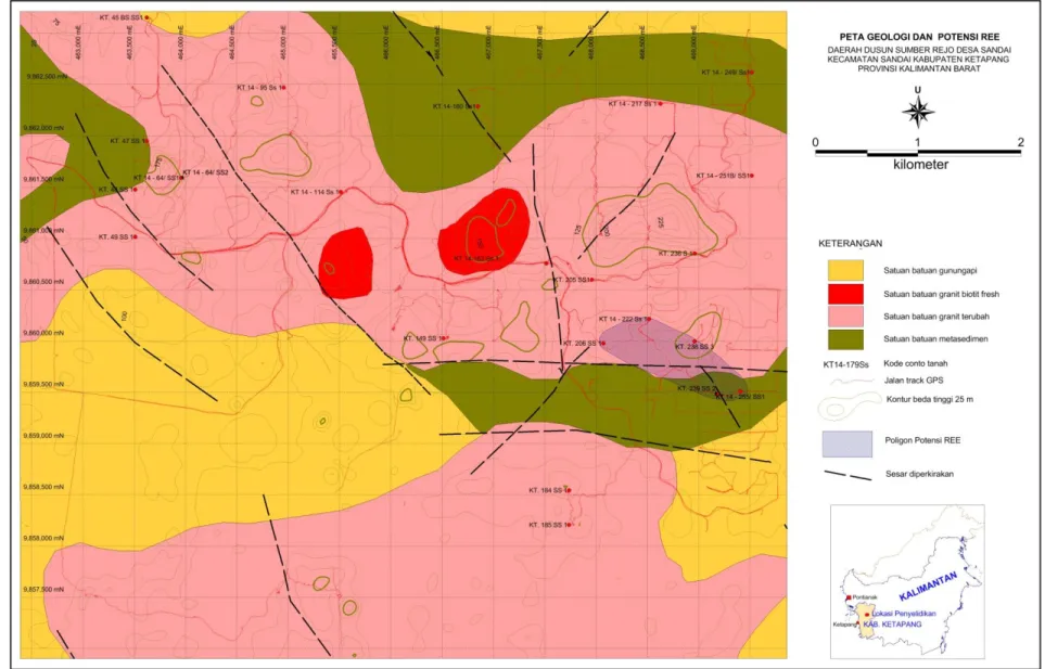 Gambar 3. Peta Geologi dan lokasi Sumberdaya REE daerah penyelidikan 