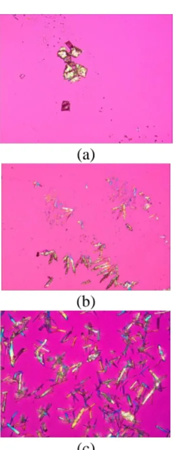 Gambar 3.  Morfologi  kristal  (a)  PIR  (b)  FUM  (c)  PIR-FUM  dibawah  mikroskop  polarisasi  dengan kontak dingin