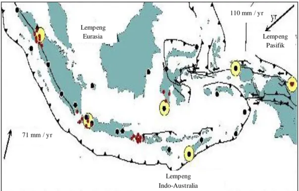 Gambar  II-1.  Lingkungan  tektonik  Indonesia  terdiri  dari  tiga  lempeng  tektonik;  Indo-Australia,  Pasifik  dan Eurasia yang bergerak relatif terhadap lainnya (lihat arah panah)