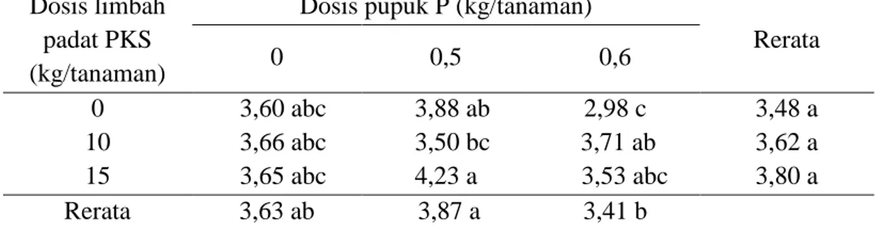 Tabel 3. Rerata lebar anak daun tanaman kelapa sawit (cm) belum menghasilkan  dengan pemberian limbah padat PKS dan pupuk P