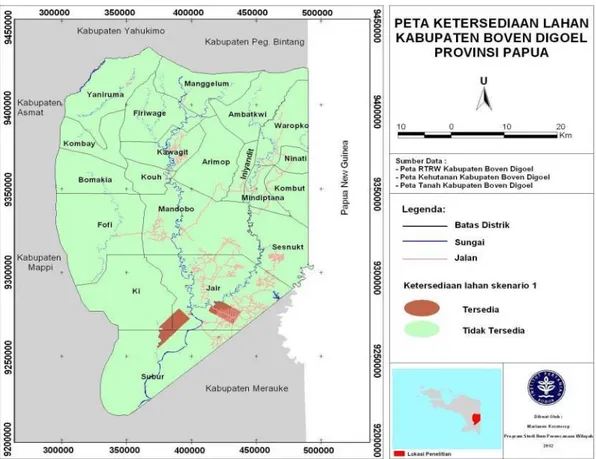 Gambar 2. Peta lahan tersedia Kabupaten Boven Digoel hasil skenario 1. 