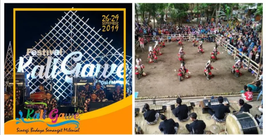 Gambar 8 Festival Kali Gawe (kiri) dan Pertunjukan Jathilan (kanan)  Sumber : Media Sosial Pasar Kebon Empring dan Setren Opak, 2019 