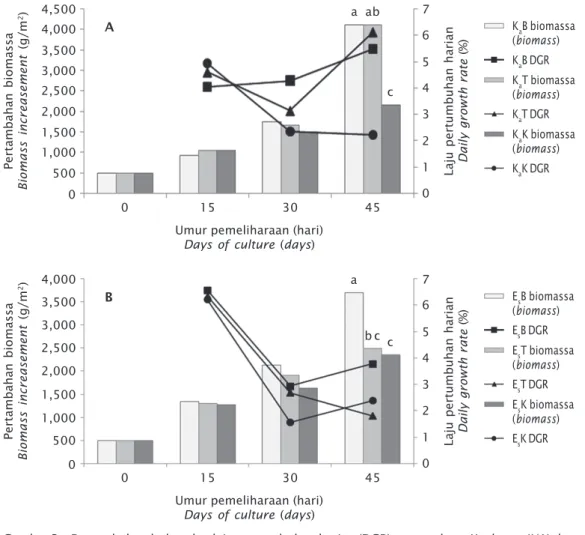 Figure 3. Biomass increasement and daily growth rate (DGR) of seaweeds: K. alvarezii (A) and E