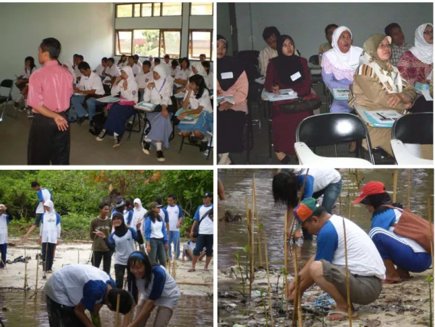 Gambar 8.  Pelatihan pengelolaan pesisir terpadu bagi guru-guru dan siswa SLTA (Agt 2008)  Upaya untuk melindungi terumbu karang dari kerusakan akibat penggunaan bom ikan dilakukan  oleh Pemda Provinsi Lampung dengan penegakkan hukum terhadap pelaku