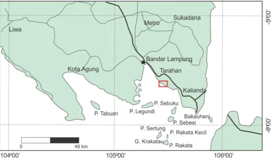 Gambar 1. Lokasi penelitian di sebelah selatan Tarahan, sekitar 40 km sebelah  utara Gunung Krakatau.