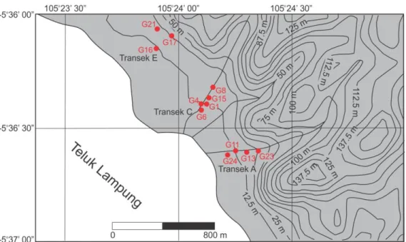 Gambar 2. Detil lokasi penelitian yang terbagi dalam 3 (tiga) transek dengan  total 12 stasiun pengamatan stratigrafi