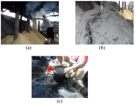 Gambar 9. (a) Kegiatan Pembakaran Sekam di Rumah Pembakaran  Sekam, (b) Arang Sekam yang Sudah Jadi, (c) Pengisian  Polibag dengan Arang Sekam 
