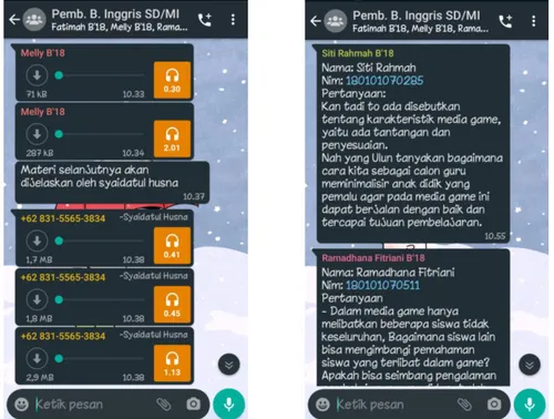 Gambar  X  Observasi  pembelajaran  mata  kuliah  Pembelajaran  Bahasa  Inggris  SD/MI Kelas B pada hari Senin, tanggal 09 November 2020 pukul 10.20 – 12.00  WITA di whatsaap grup 