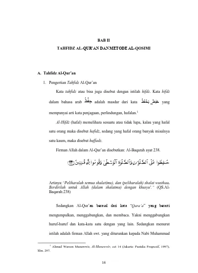 BAB II TAHFIDZ AL-QUR AN DAN METODE AL-QOSIMI. Kata Tahfidz Atau Bisa ...