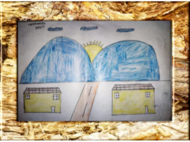 Gambar karya Rangga usianya 9 tahun   menggambarkan tentang suasana di area  perkampungan, dari pewarnaan gunung  yang berwarna biru menunjukkan lokasi  gunung yang jauh dan terlihat indah